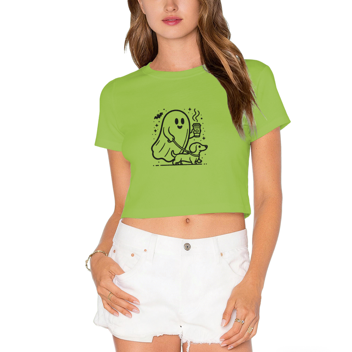 Cute Ghost Walking Dog Coffee Lover Halloween Crop Top product image 1