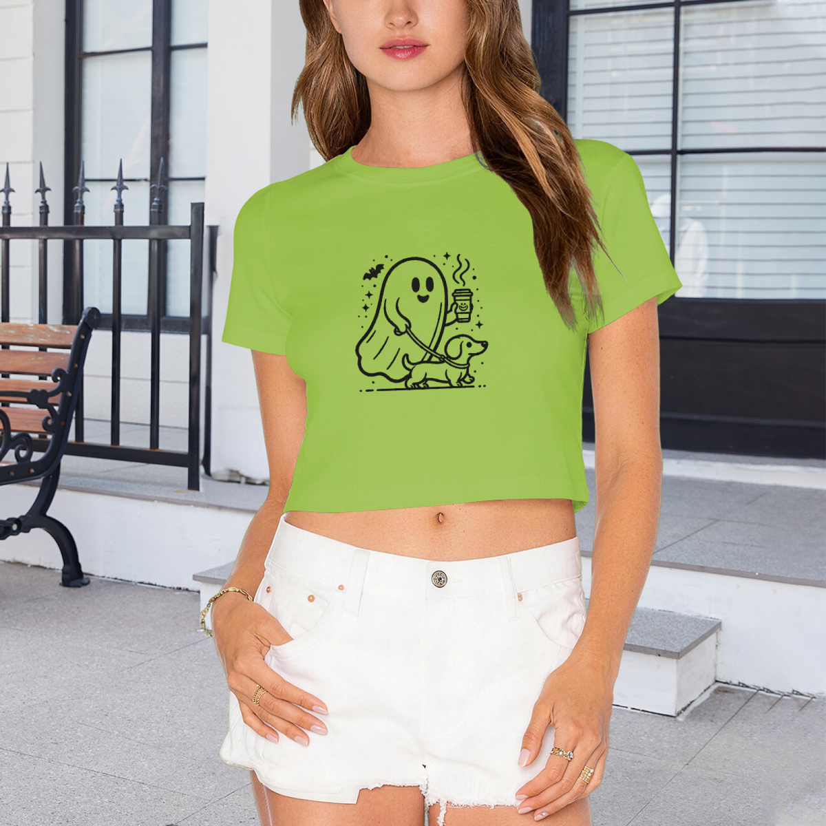 Cute Ghost Walking Dog Coffee Lover Halloween Crop Top product image 4