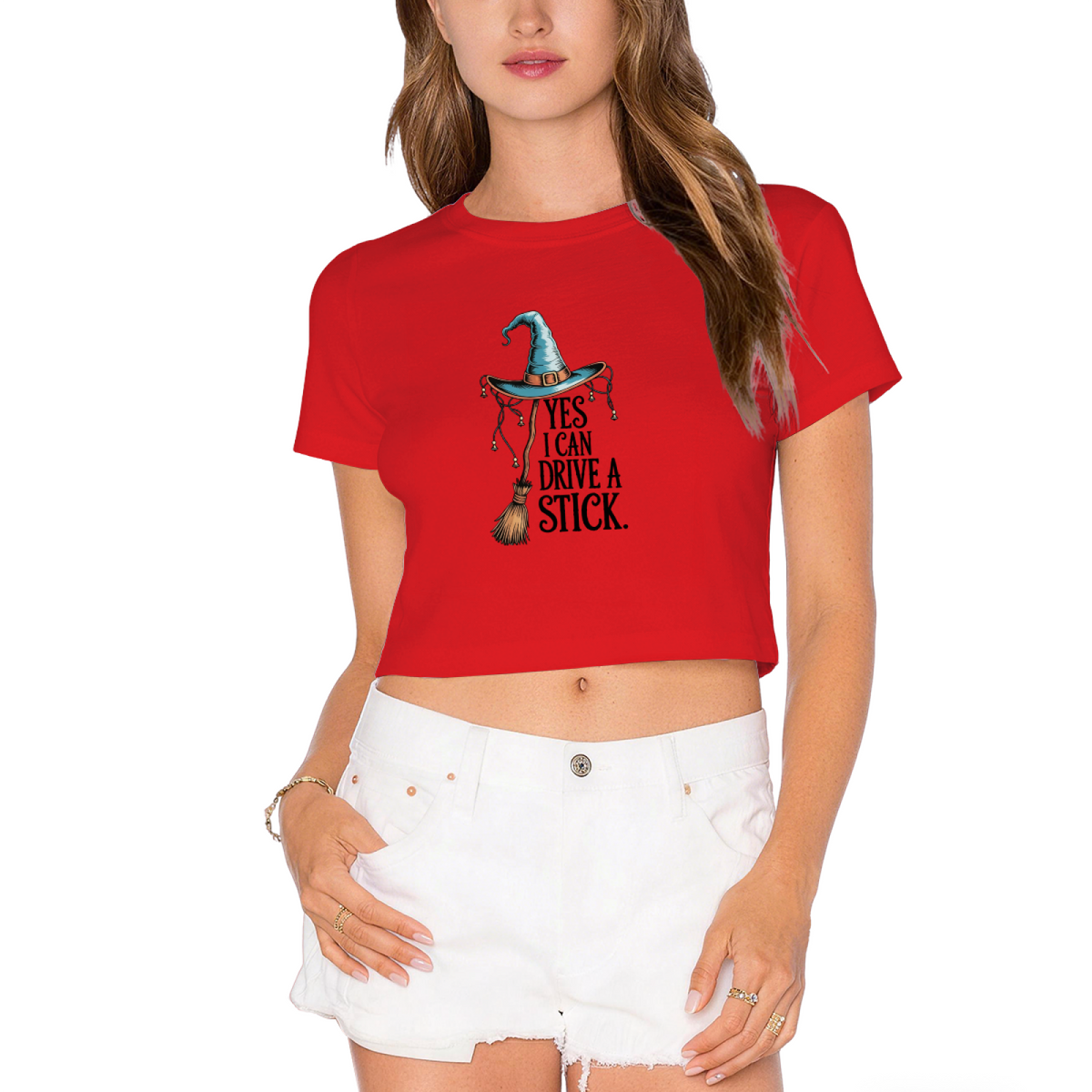 Yes I Can Drive A Stick Witch Broom Halloween Crop Top product image 11