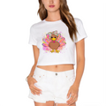 Pretty Bow Glitter Turkey Girl Thanksgiving Crop Top