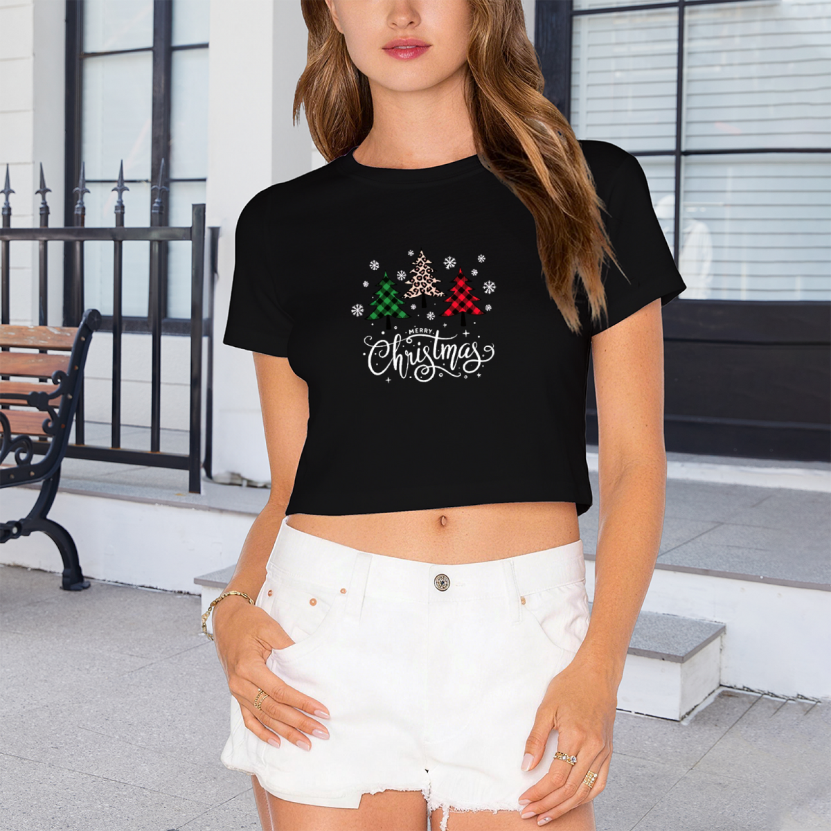 Buffalo Plaid Leopard Tree Merry Christmas Cute Crop Top product image 4