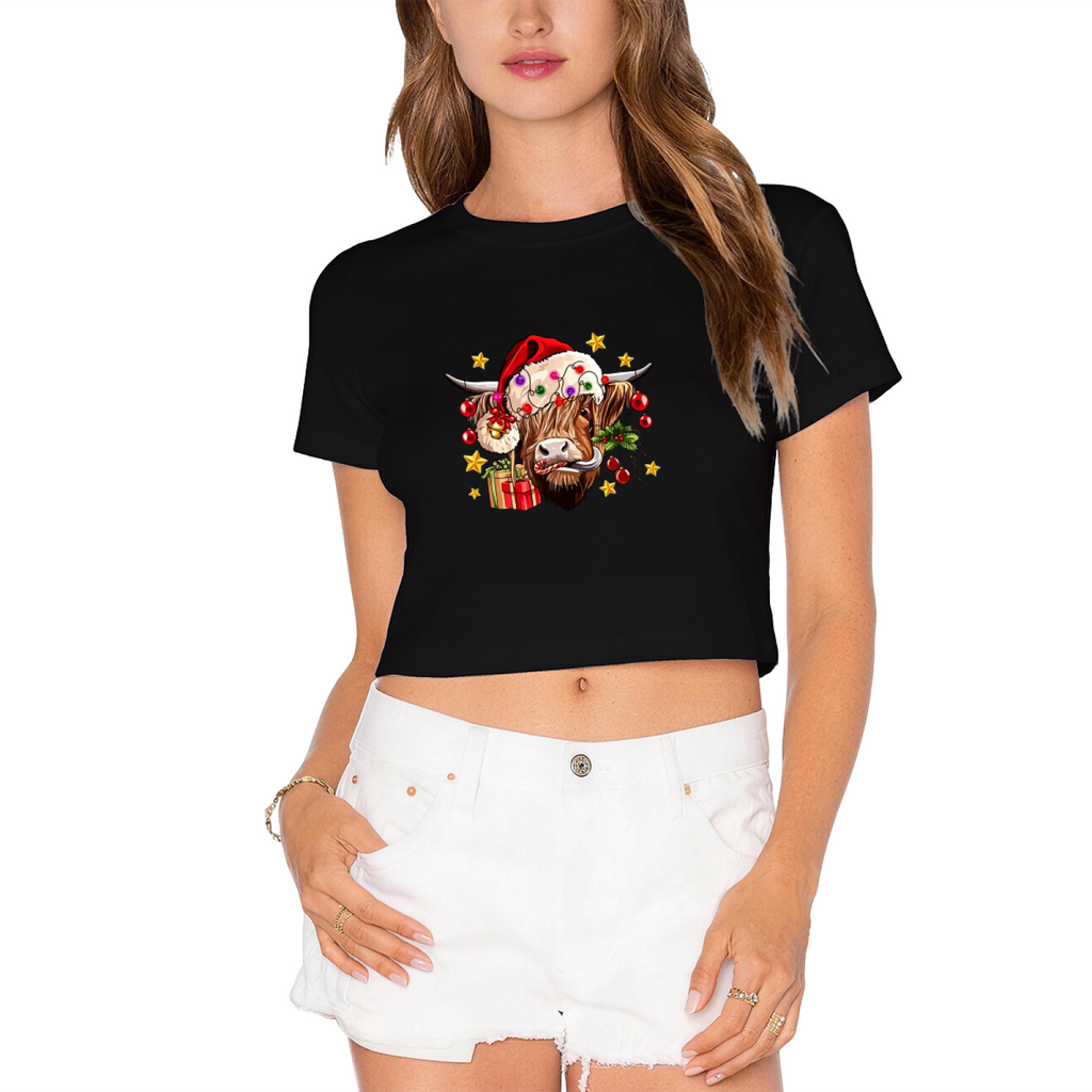 Highland Cow Santa Hat Cute Western Christmas Crop Top