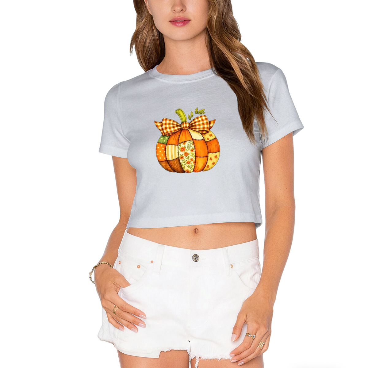Patchwork Plaid Bow Pumpkin Fall Thanksgiving Season Crop product image 13