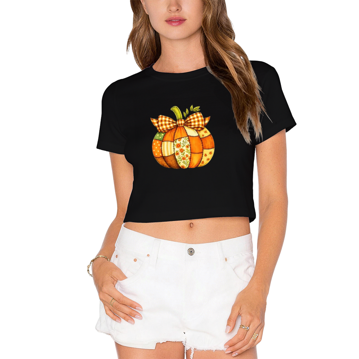 Patchwork Plaid Bow Pumpkin Fall Thanksgiving Season Crop product image 9